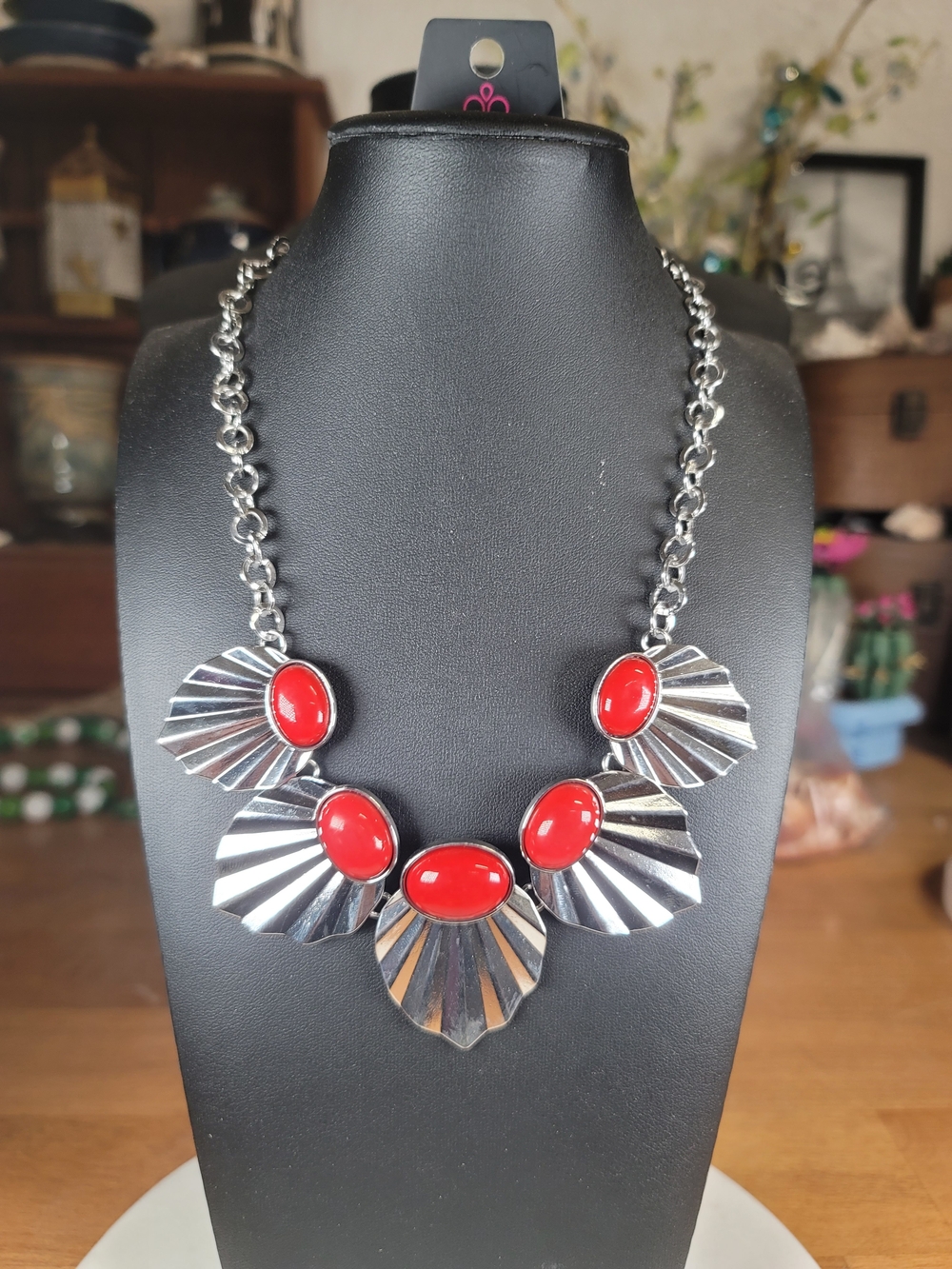 paparazzi Silver Fan Necklace with Red Cabochons